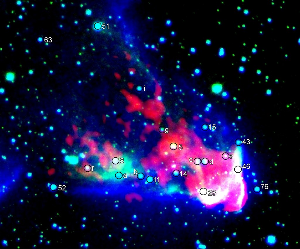 A false-color image of IC 63 with the red channel being HCO+ (J=1-0) from the CARMA observatory, Green the H2 1-0 S(1) fluorescence observed with the Canada-France-Hawaii telescope's "WIRCam" instrument and Blue being the red band Digital Sky Survey, which traces Hα emission and therefor ionized gas.